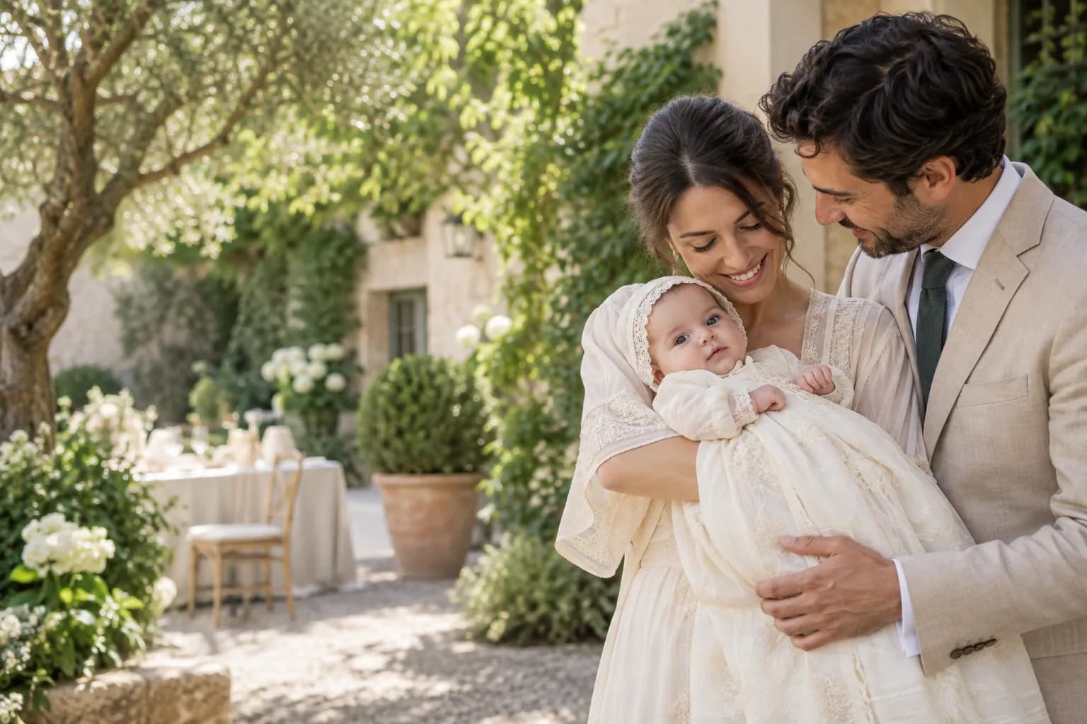 Los padres sonríen con el bebé vestido de bautizo en un jardín.