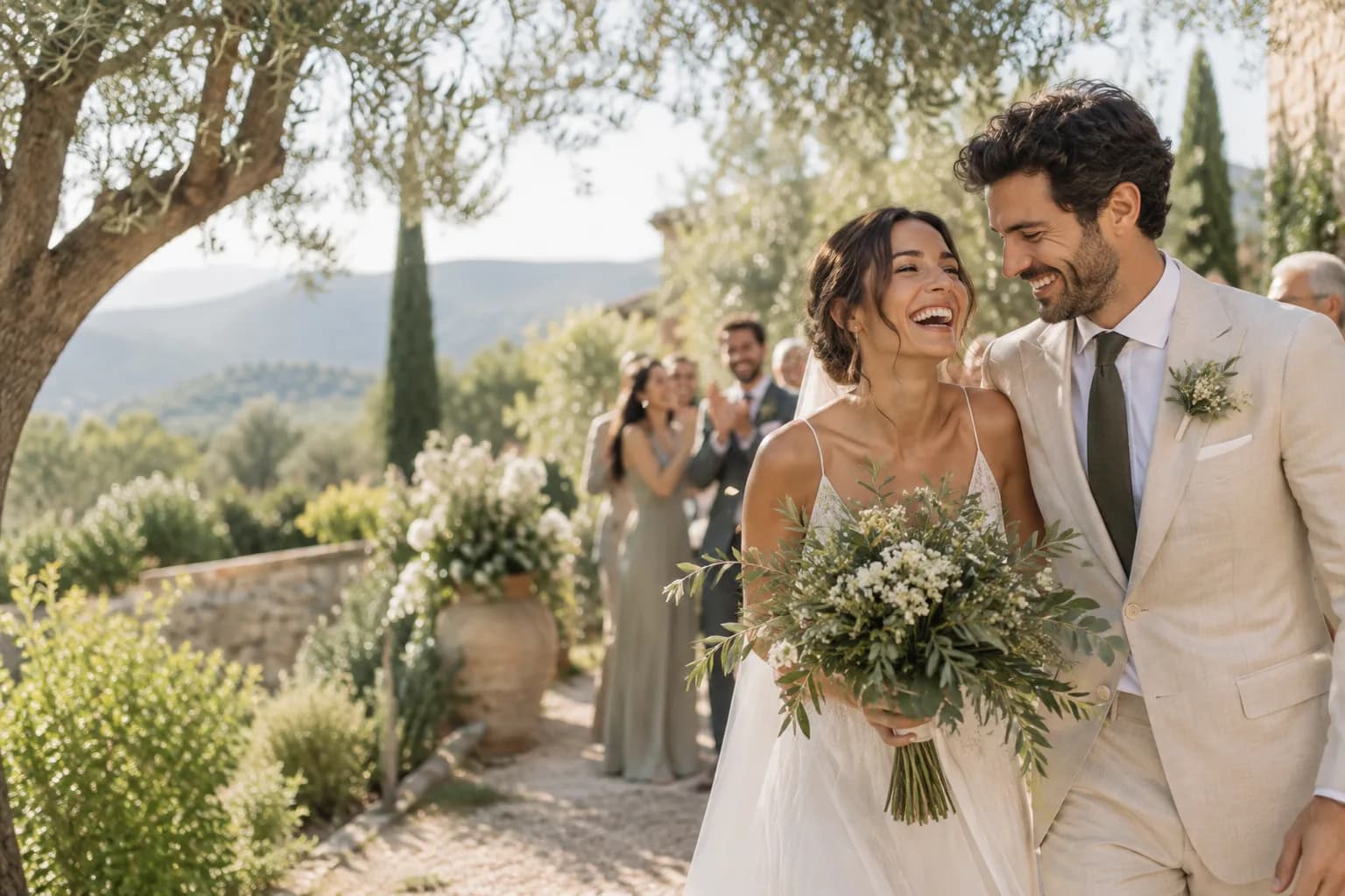 Los novios ríen en el jardín, ella con el ramo, rodeados de invitados.