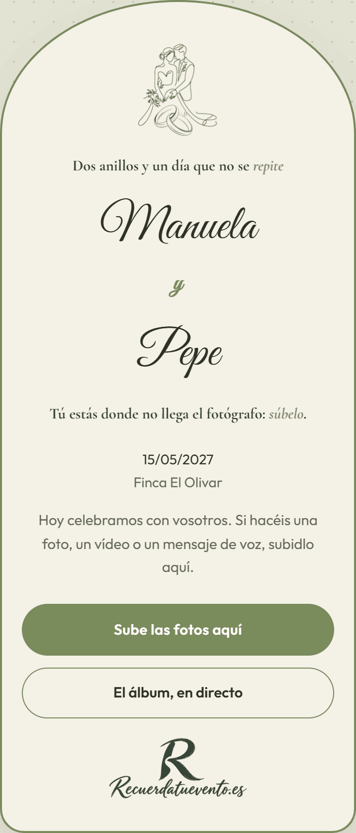 Página del evento de ejemplo de Manuela y Pepe