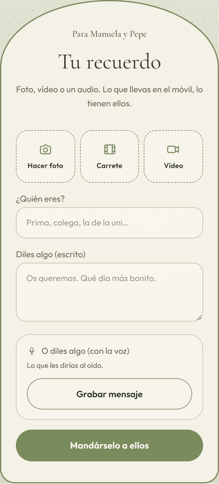Pantalla para subir una foto, un vídeo o un mensaje de voz