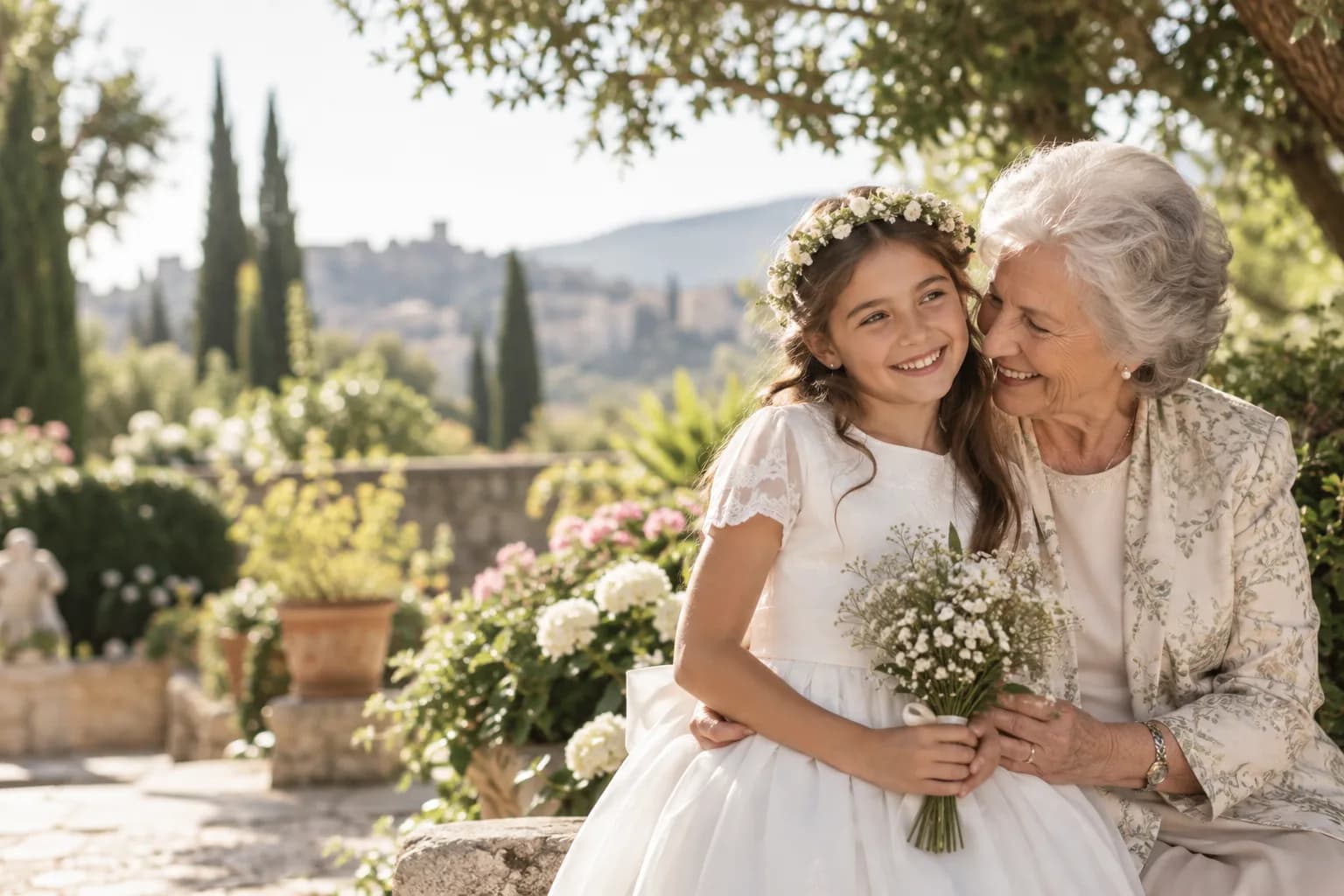 Niña de comunión con su ramo abrazada a su abuela en un jardín.