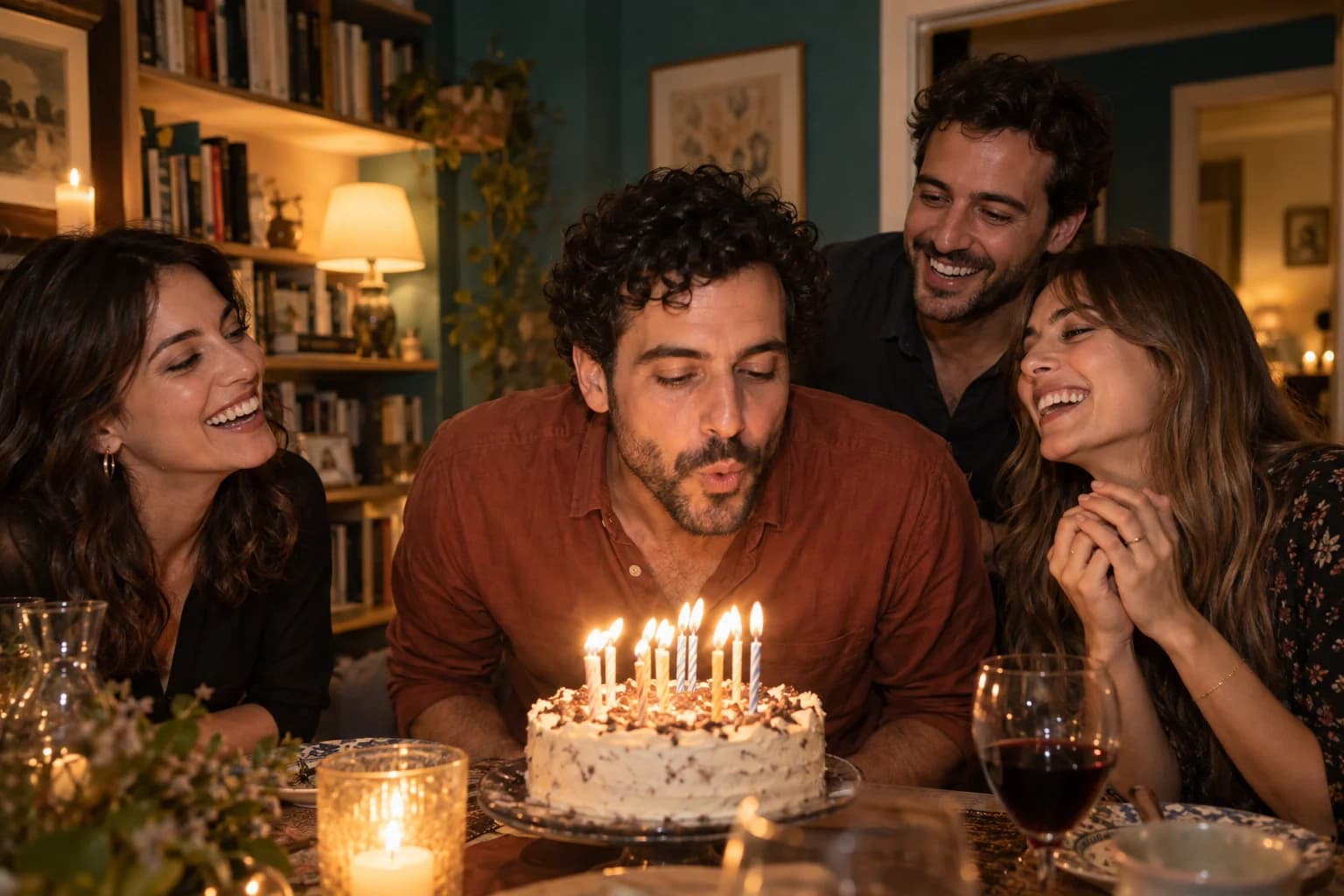 Amigos sonríen mientras el cumpleañero sopla las velas de la tarta.