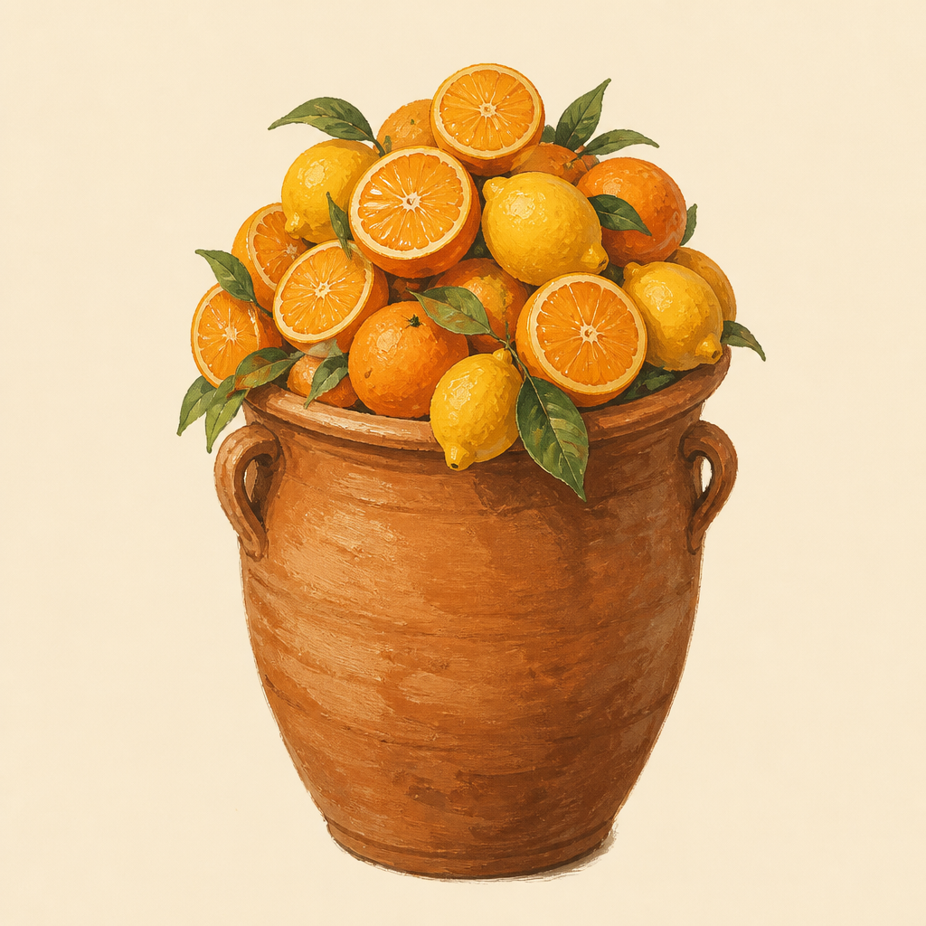 Tinaja con naranjas y limones, como en el seating